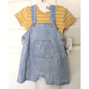 Disney's Winnie The Pooh Boys 2 Pc Bodysuit Overall 6-9 Months Brown Blue